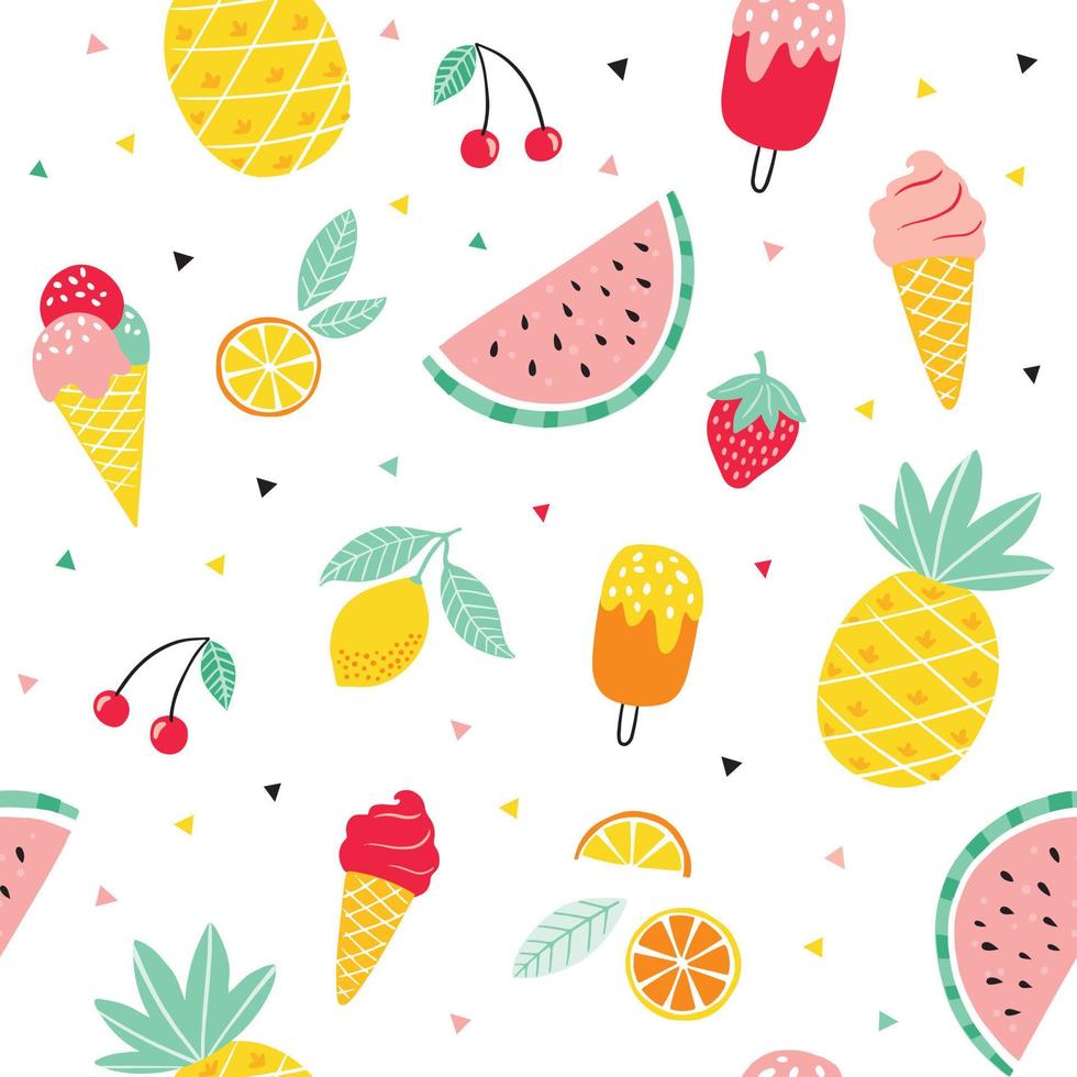 patrón de frutas y helados de verano. lindo fondo vectorial sin costuras con piña, sandía, limón, naranja, fresa, cono de helado, paleta. vector