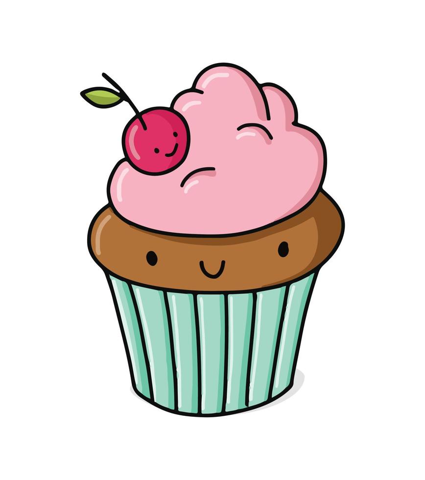 Cartoon cute cupcake character. Vector illustration. Smiling kawaii dessert.