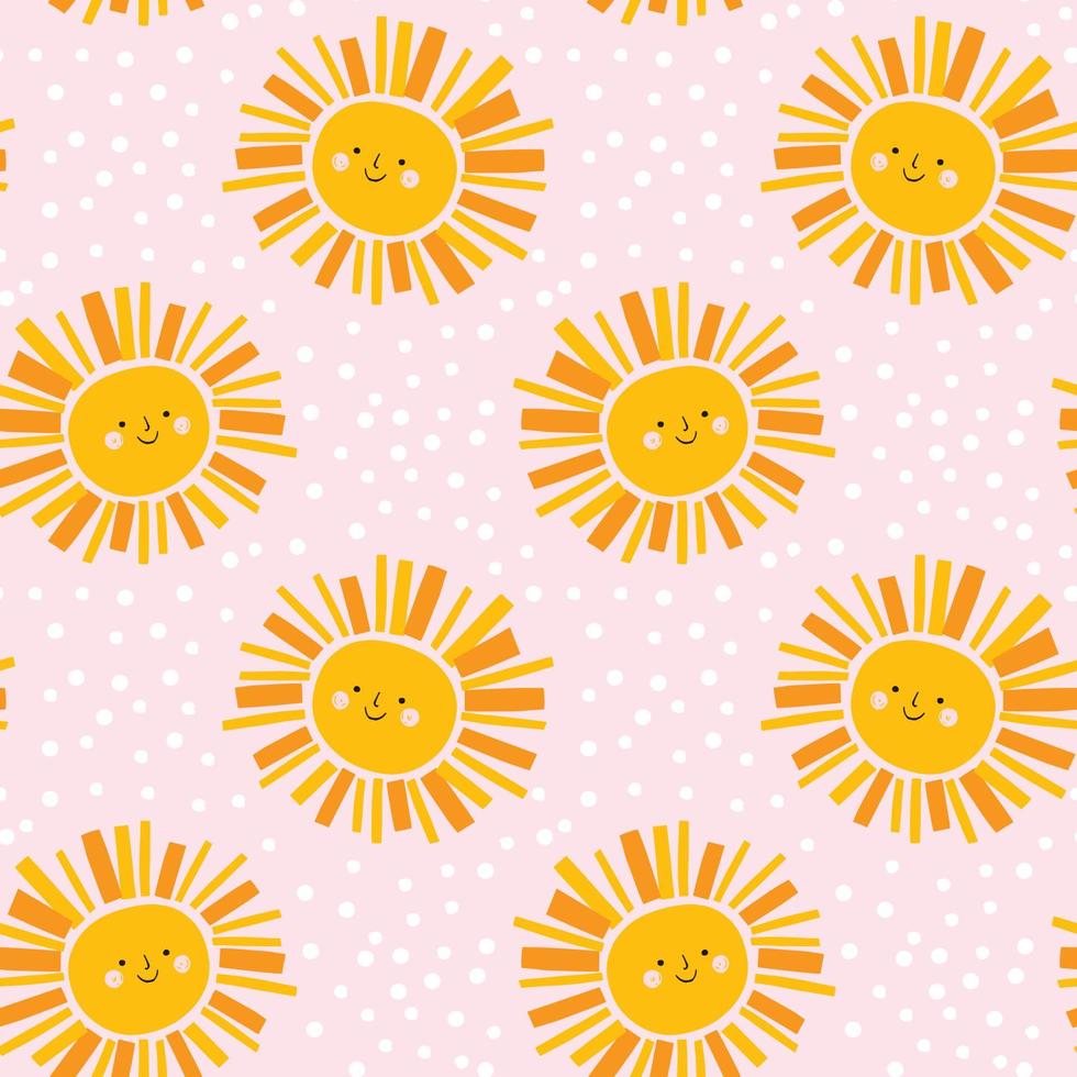 Cute sun pattern. Girl sky vector seamless background in yellow and pink. Summer weather. Retro design for kids.