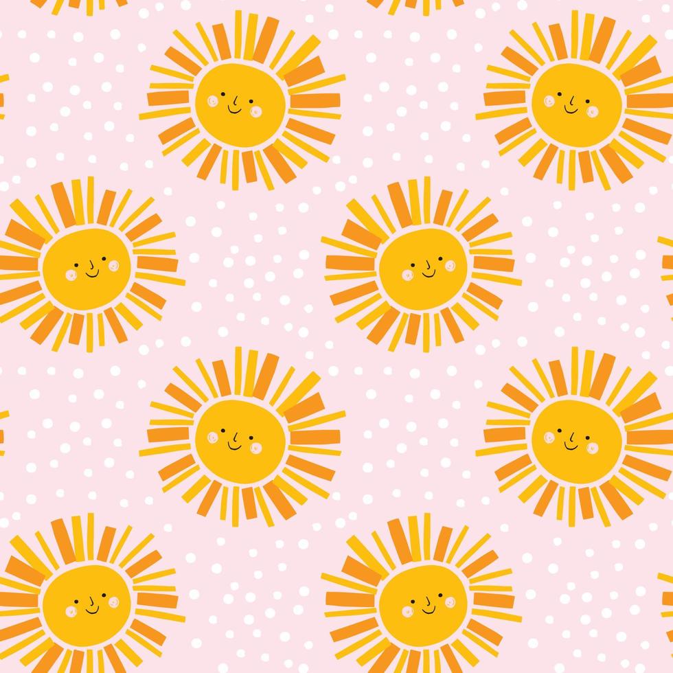 Cute sun pattern. Girl sky vector seamless background in yellow and pink. Summer weather. Retro design for kids.