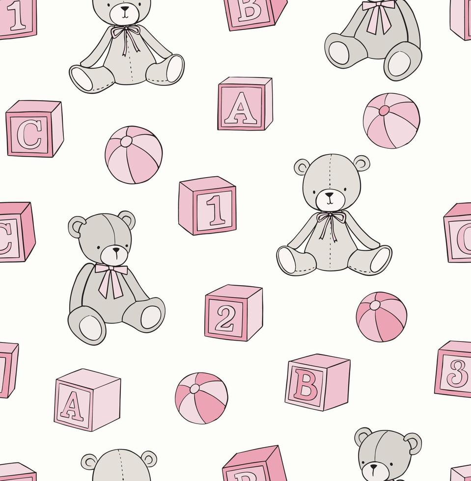 Vector pattern with hand drawn teddy bear, building blocks and balls. Baby girl toys seamless background in doodle style.