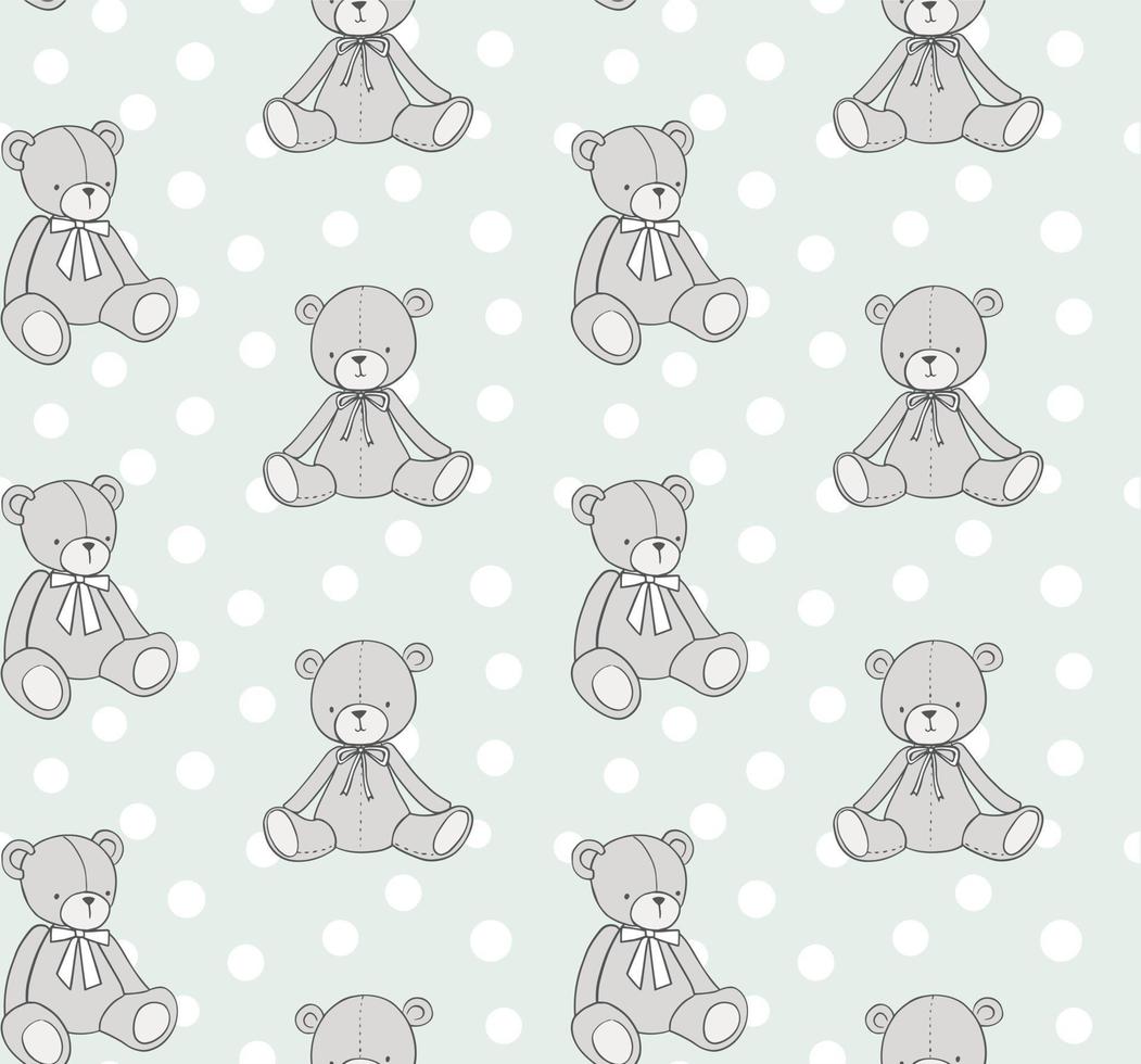 Teddy bear hand drawn pattern. Vector seamless background with toy bear and polka dots on a mint color.