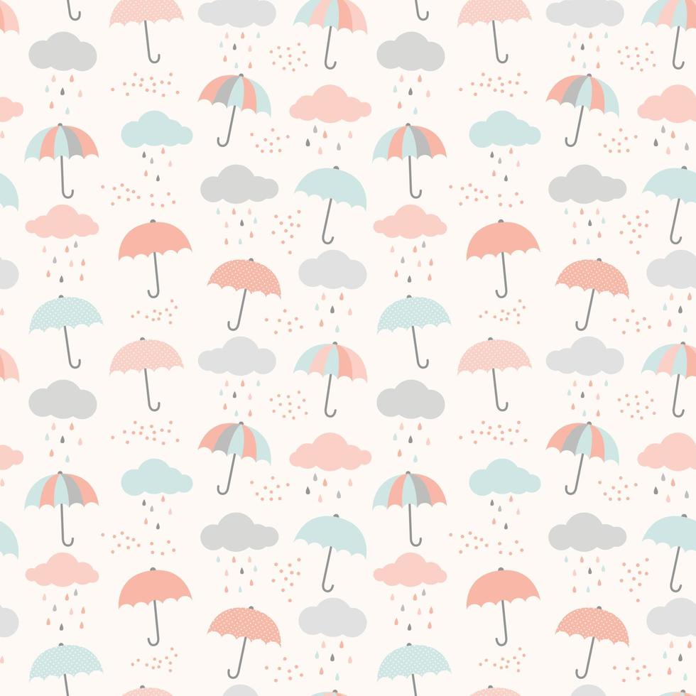 patrón de paraguas vectorial con nubes y gotas de lluvia. lindo colorido fondo transparente en azul pastel, rosa y gris. vector