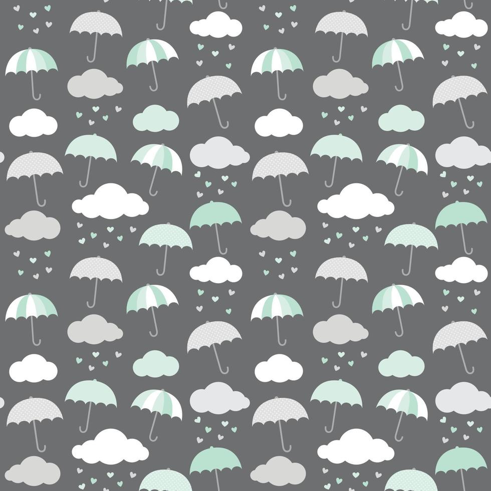 Umbrellas, clouds and hearts vector pattern in scandinavian style. Cute baby shower seamless background.