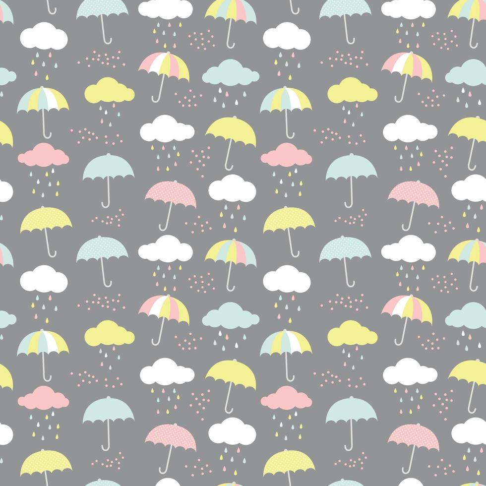 Vector pattern with umbrellas, clouds and raindrops. Colorful seamless background for kids.