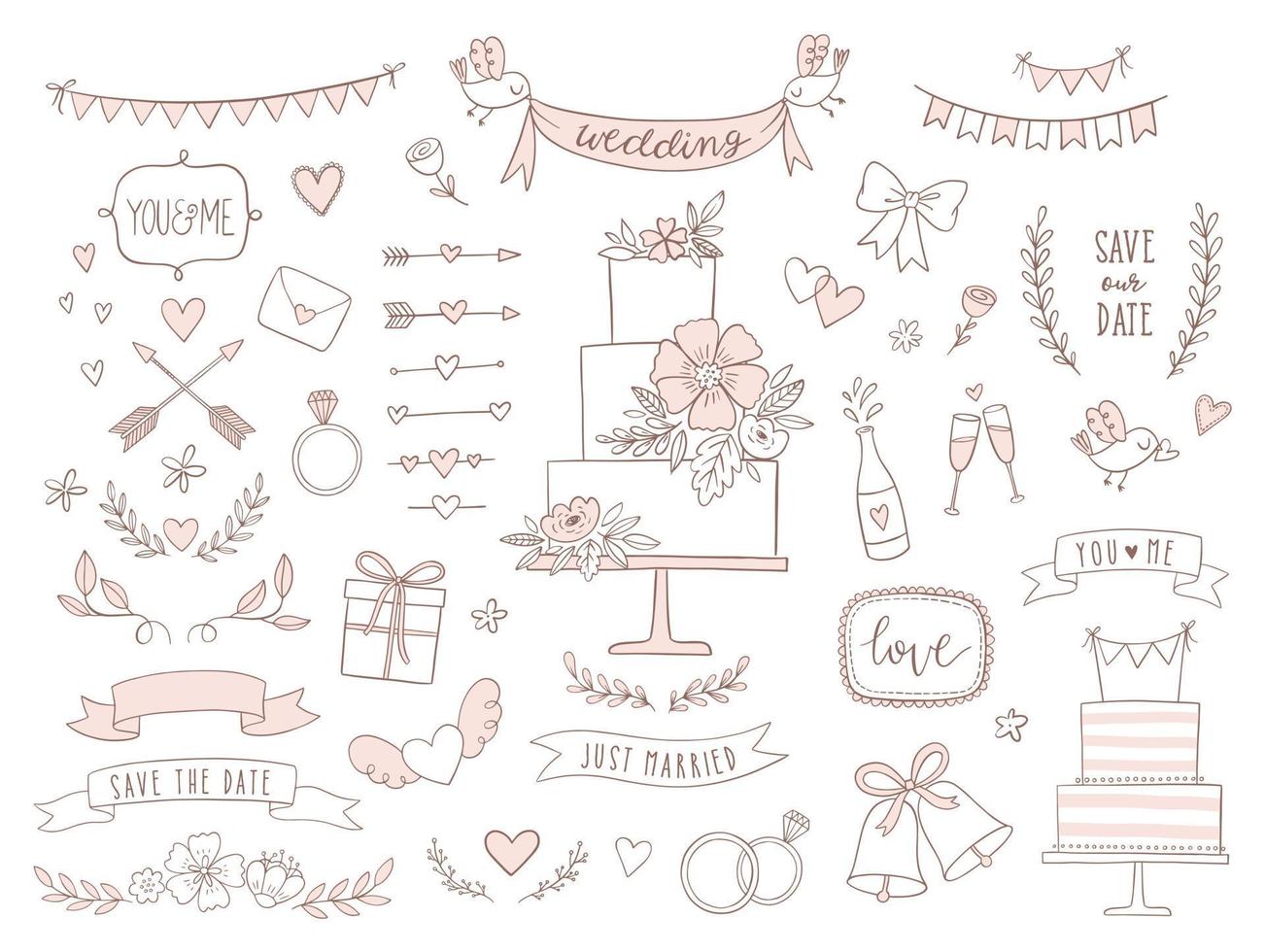 conjunto de ilustraciones e iconos de boda. colección vectorial dibujada a mano de elementos de diseño para invitaciones, tarjetas de felicitación, carteles. vector
