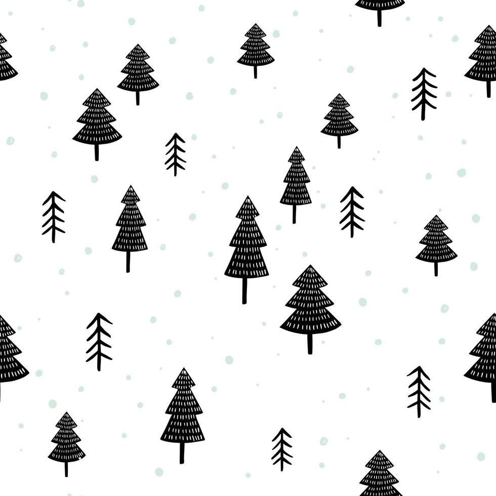 Scandinavian forest vector pattern. Winter woodland seaamless design in black and white with hand drawn trees.