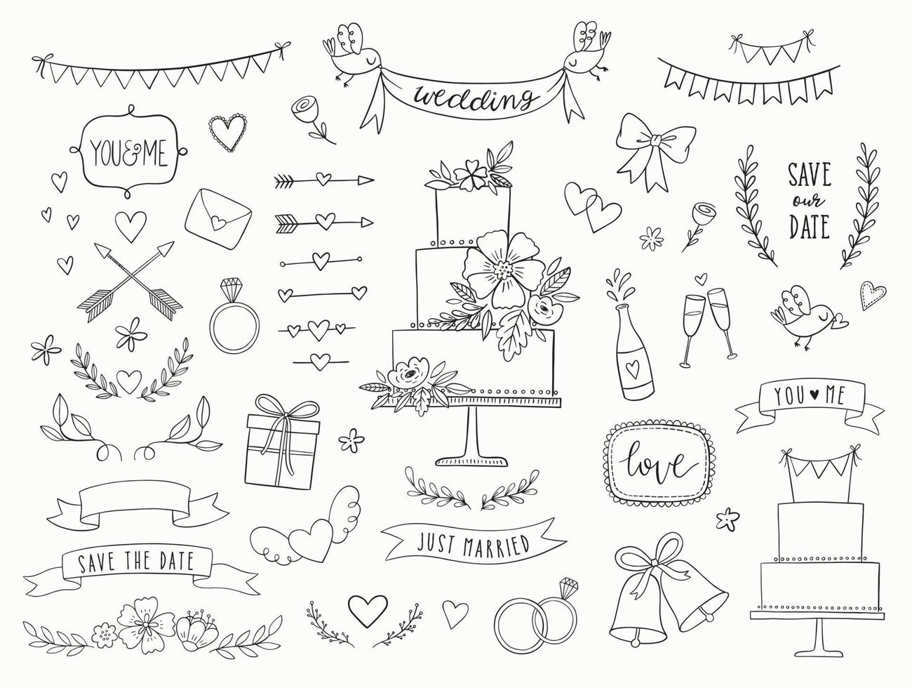 Hand drawn doodle wedding collection. Vector wedding icons, illustrations and design elements for invitations, greeting cards, posters. Arrows, hearts, laurel, wreaths, ribbons, flowers, banners.