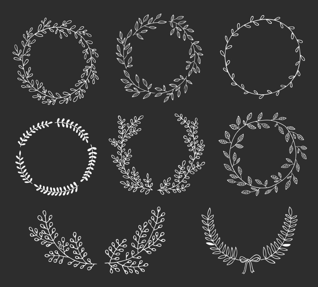 Hand drawn set of wreaths and laurels. Circular decorative elements. White laurels and wreaths. vector