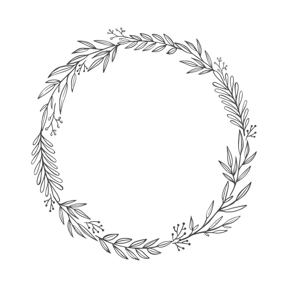 Hand drawn vintage wreath. Vector floral design element. Vintage Floral circle frames made of branches, leaves, twigs.