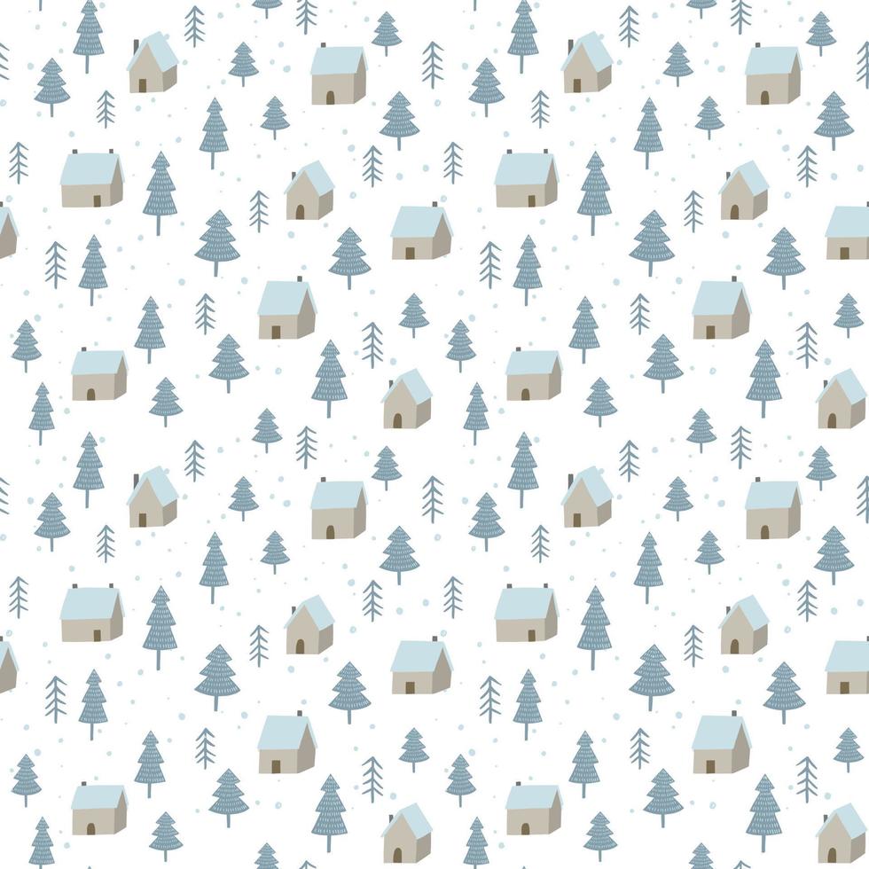 patrón de vector de bosque de invierno con casas pequeñas. estampado sin costuras de bosque con árboles y nieve. estilo escandinavo.