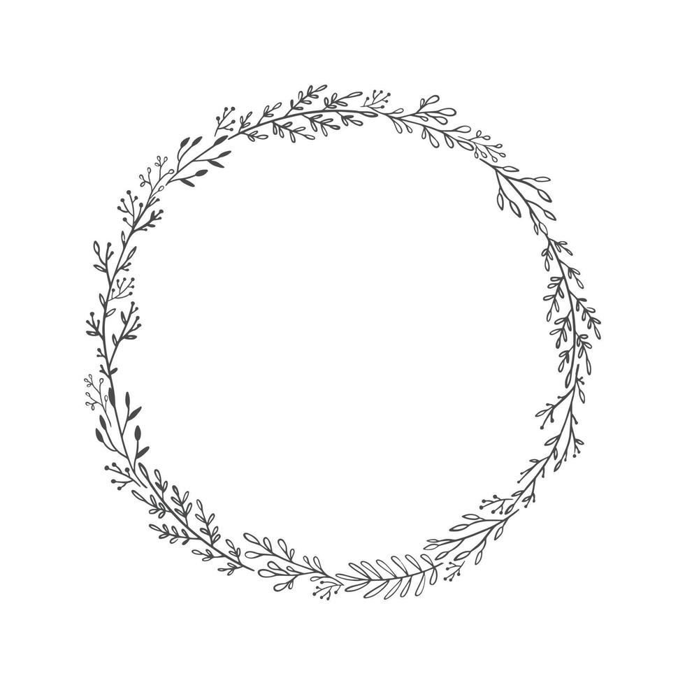 Hand drawn vector wreath. Floral circle frame design element for invitations, greeting cards, posters, blogs. Delicate branches and leaves.