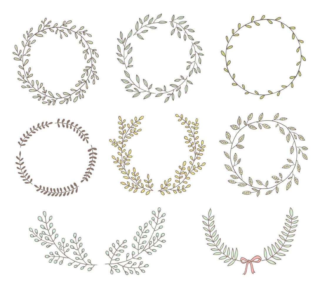 Hand drawn set of wreaths and laurels. Circular decorative elements vector
