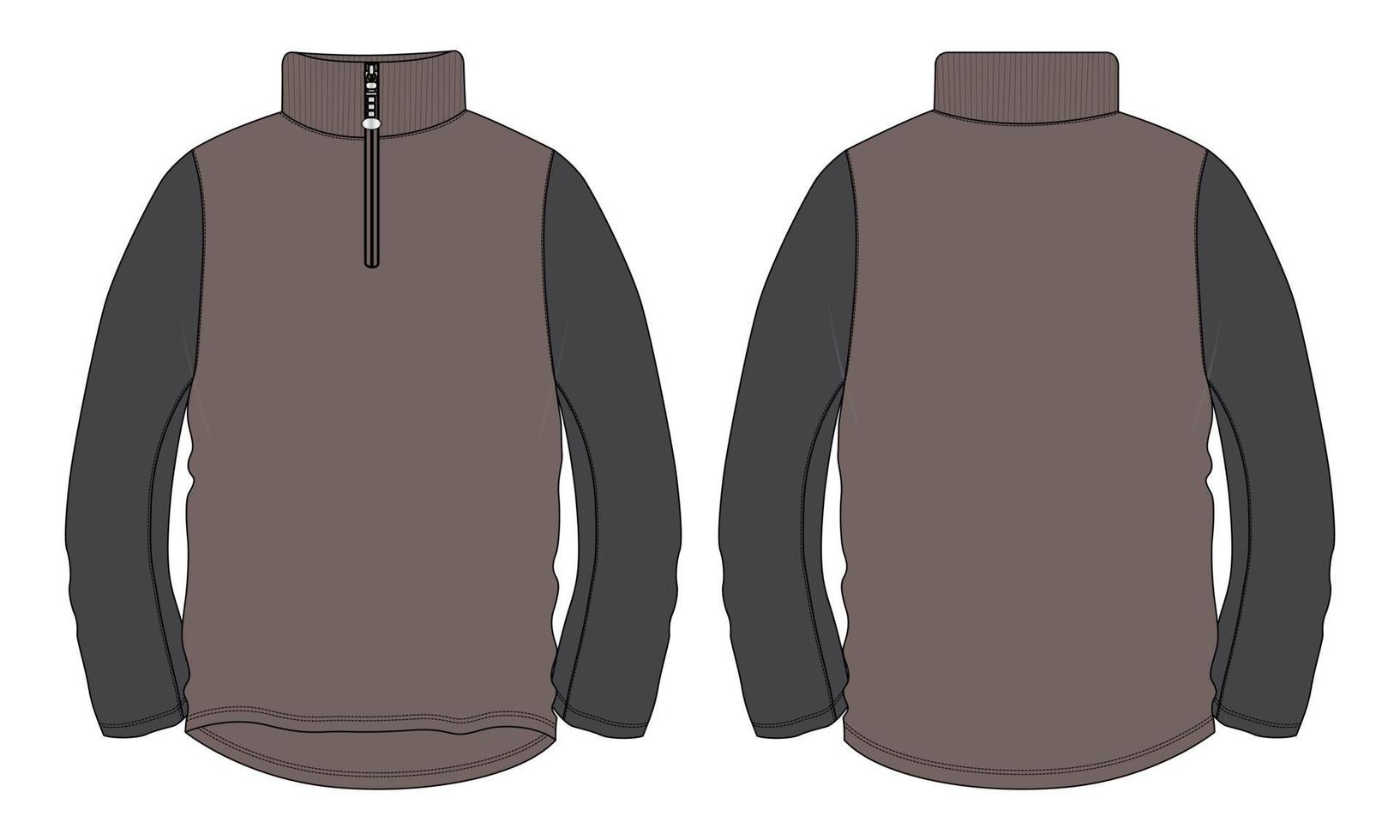 Two tone Khaki and black Color Long sleeve zipper with stand up collar jacket Sweatshirt technical fashion flat sketch vector illustration template Front and back views.