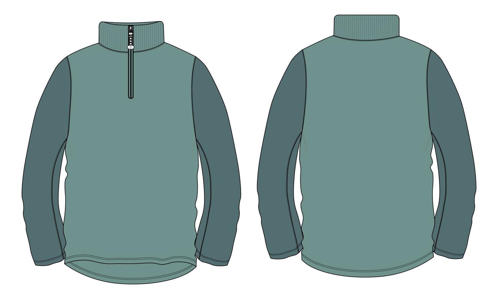 Cremallera de manga larga de dos tonos de color verde con chaqueta de cuello levantado, sudadera técnica de moda, boceto plano, plantilla de ilustración vectorial, vistas frontal y posterior. vector