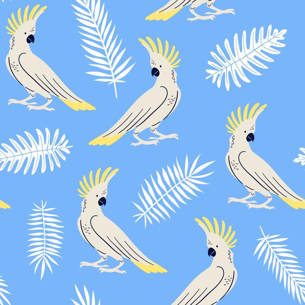 Vector seamless pattern with tropical leaves, palm, fern and parrots. Umbrella cockatoo. Summer illustration on blue background