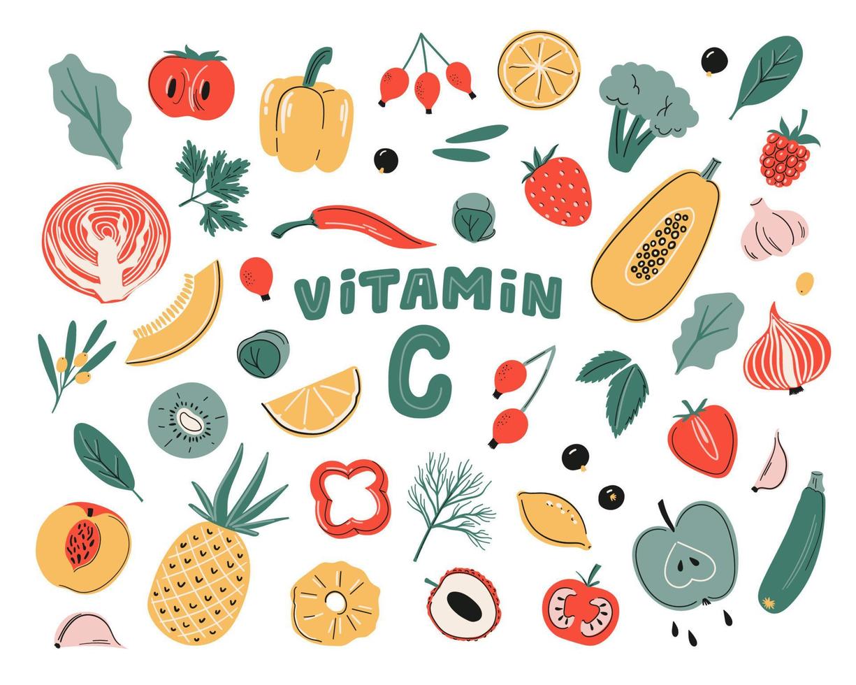 conjunto de fuentes vectoriales de vitamina c. colección de frutas, verduras y bayas. alimentos saludables, productos dietéticos, orgánicos. ilustración plana de dibujos animados vector