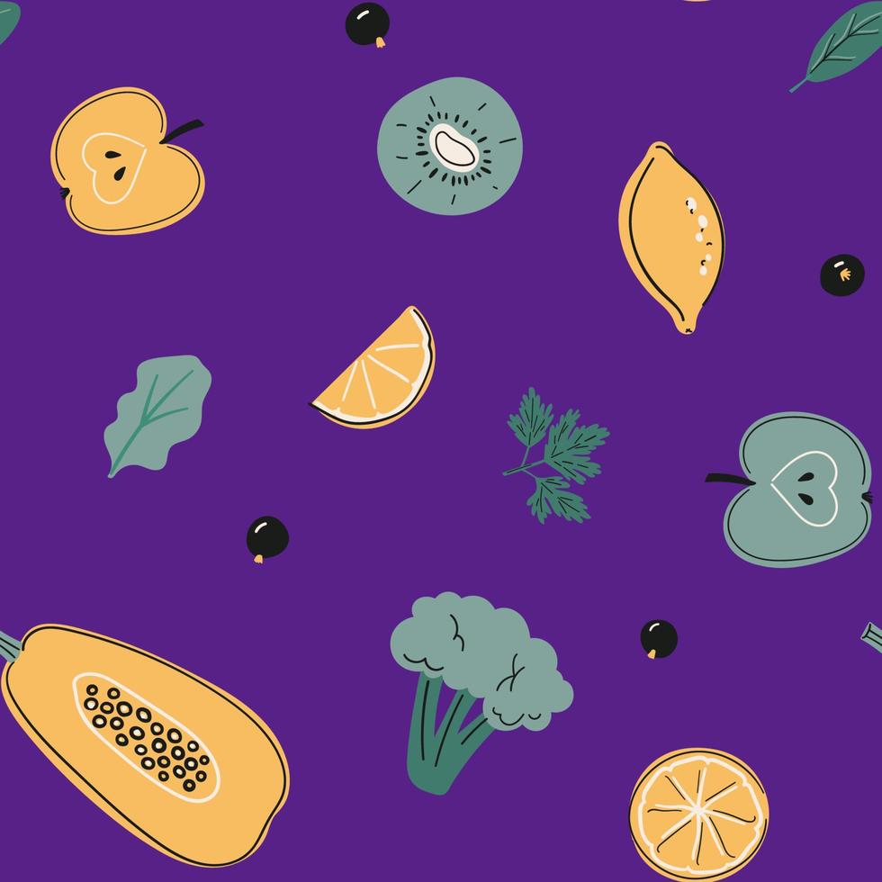 patrón vectorial transparente con limón, brócoli, manzana, kiwi, papaya, grosella negra. fuentes de vitamina c, alimentos saludables, productos dietéticos, frutas, verduras y bayas sobre fondo violeta. vector