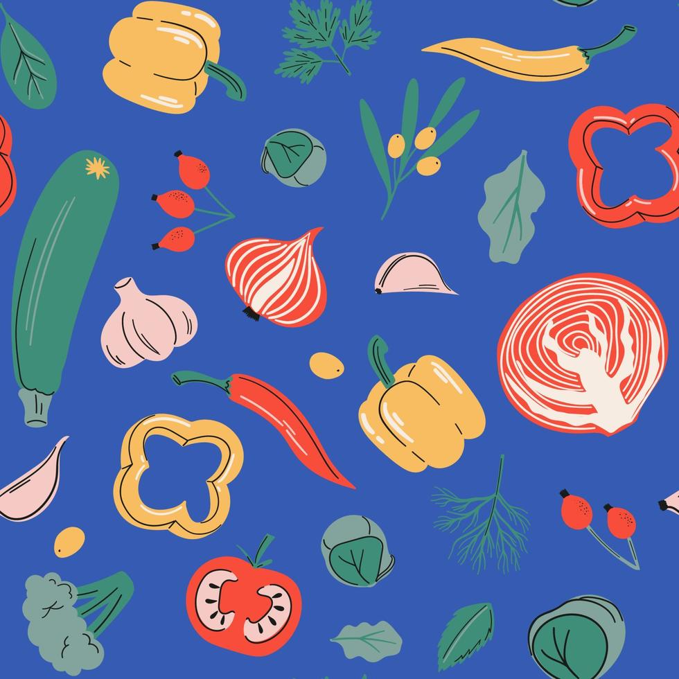 Seamless vector pattern with pepper, broccoli, onion, buckthorn, garlic, cabbage, zucchini and other. Vitamin C sources, healfy food, vegetables and berries collection on blue background.