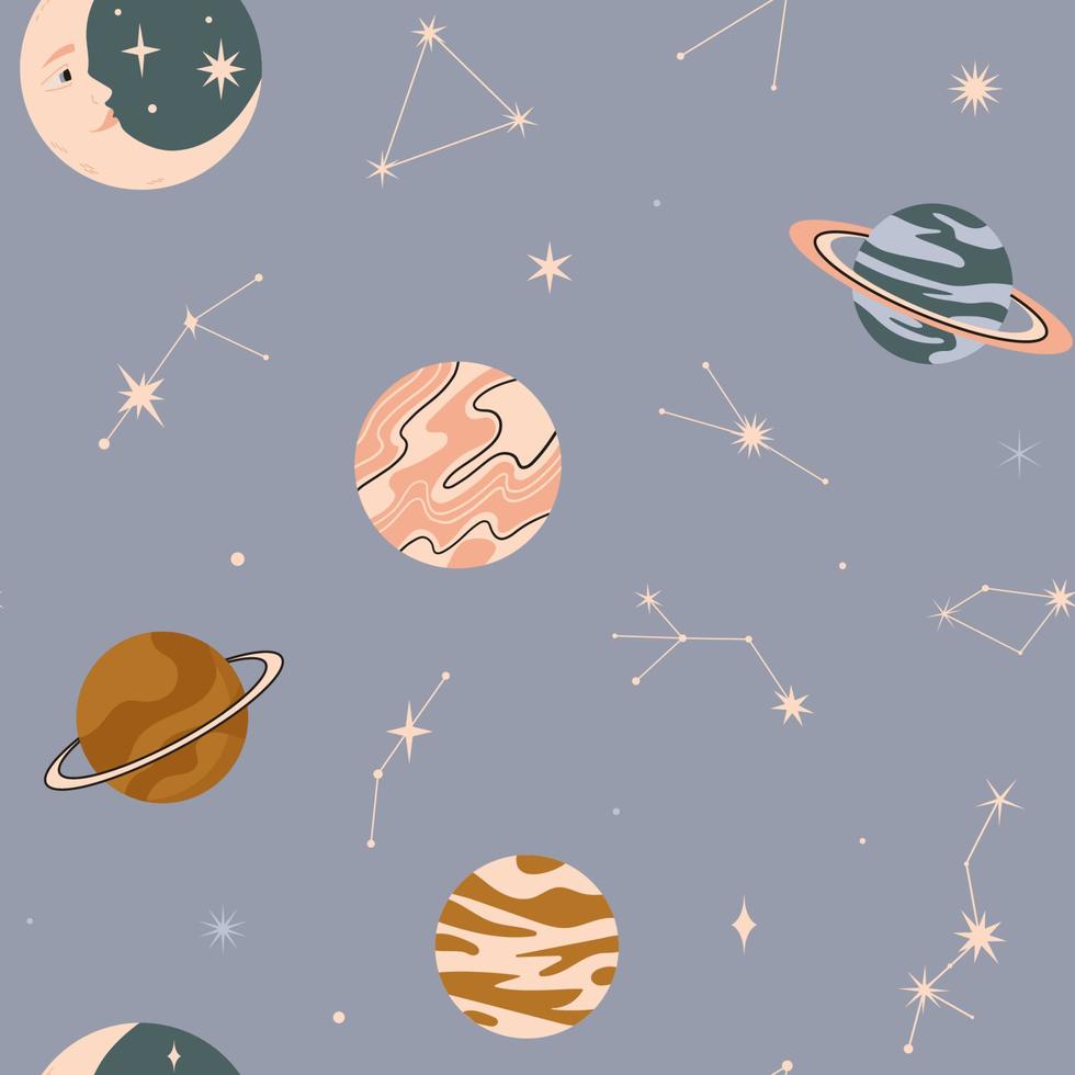 Seamless cute pattern with planets, stars, moon and constellations. Cosmic  illustration for kids design, fabric, textile vector