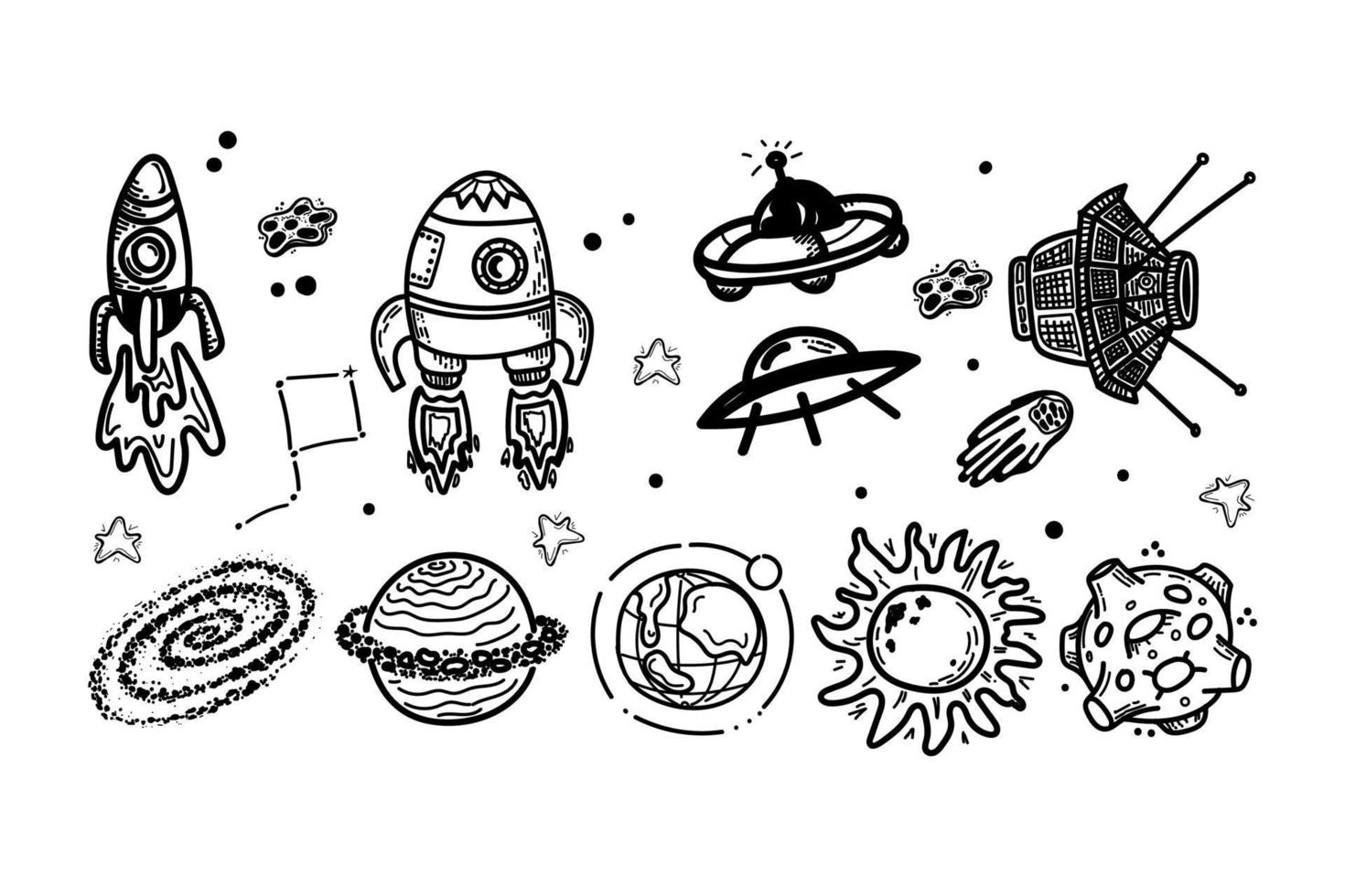 Set of flying transport, satellite, planets, comets and stars. Hand-drawn doodle-style elements. Black hole. Rocket, flying saucer. Space objects and stars vector