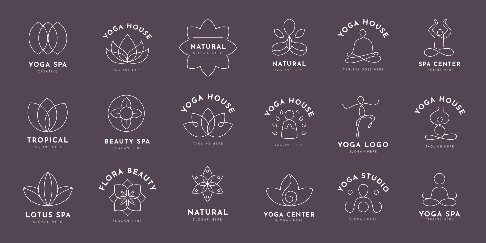 Doodle Yoga and and lotus logo, set of hand-drawn botanical, floral set of wildflowers and herbs, vector objects isolated on a white background. One Line Drawing Vector Flowers Set.