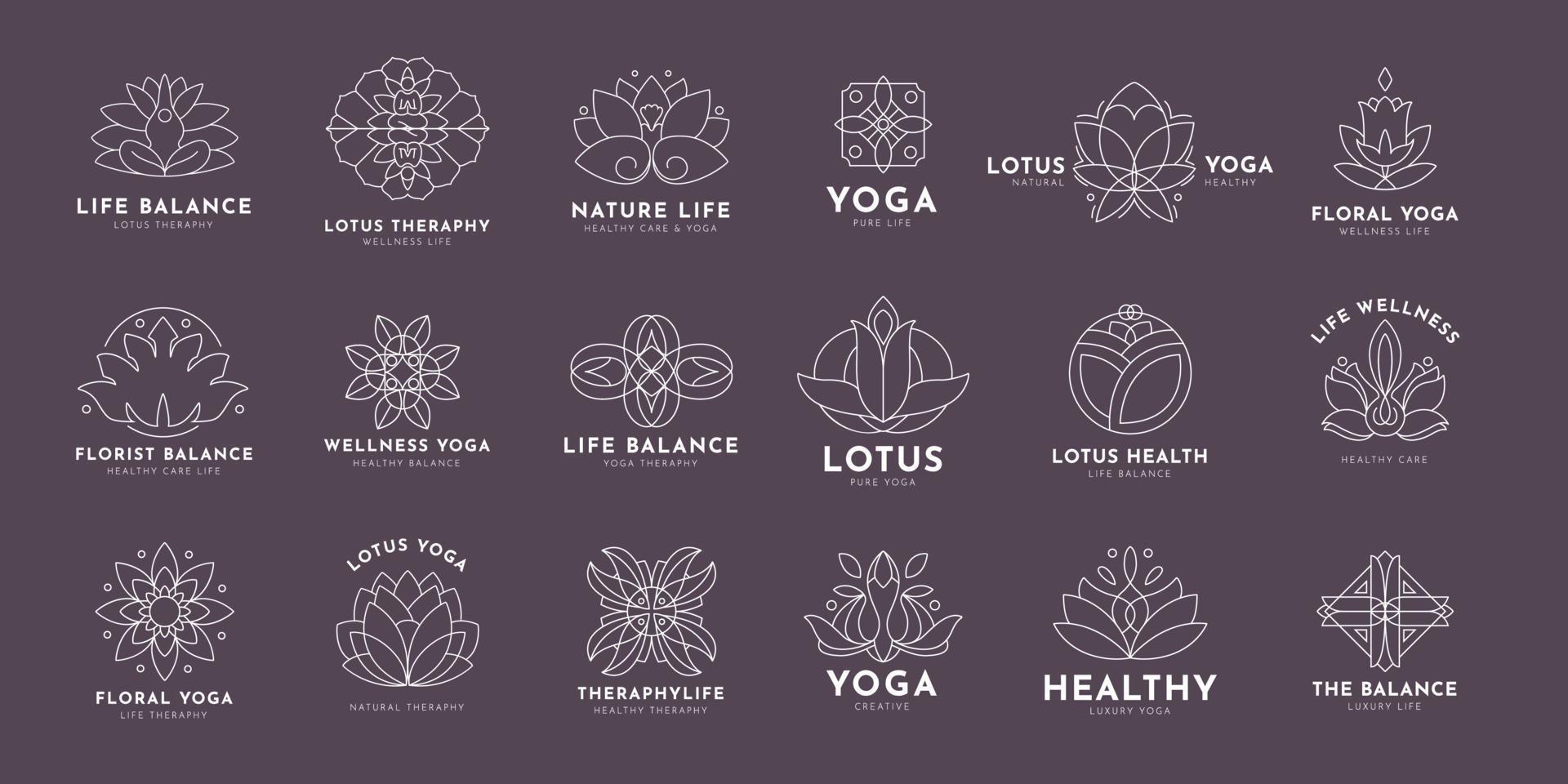 Doodle Yoga and and lotus logo, set of hand-drawn botanical, floral set of wildflowers and herbs, vector objects isolated on a white background. One Line Drawing Vector Flowers Set.