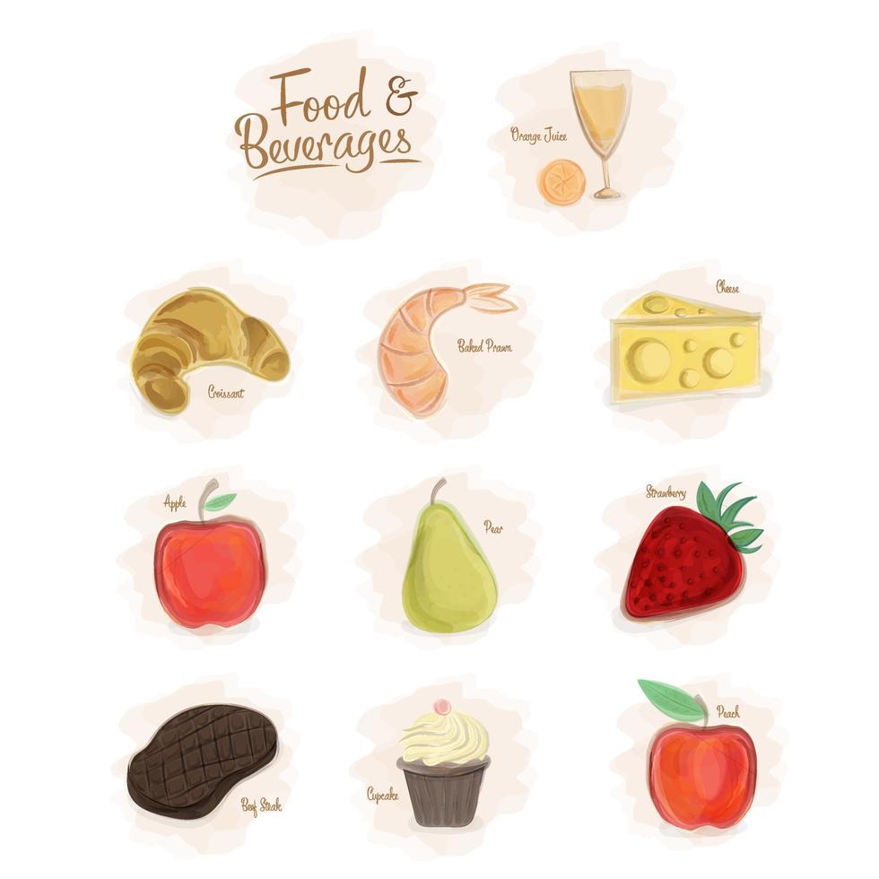 Watercolor food and beverages breakfast food icons set. Delicious Shrimp, beef meat, and patty cake vector illustration