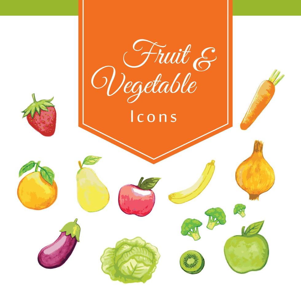 Set with watercolor fruits and vegetables isolated on white. Natural organic food. Vegan concept. Healthy lifestyle. vector