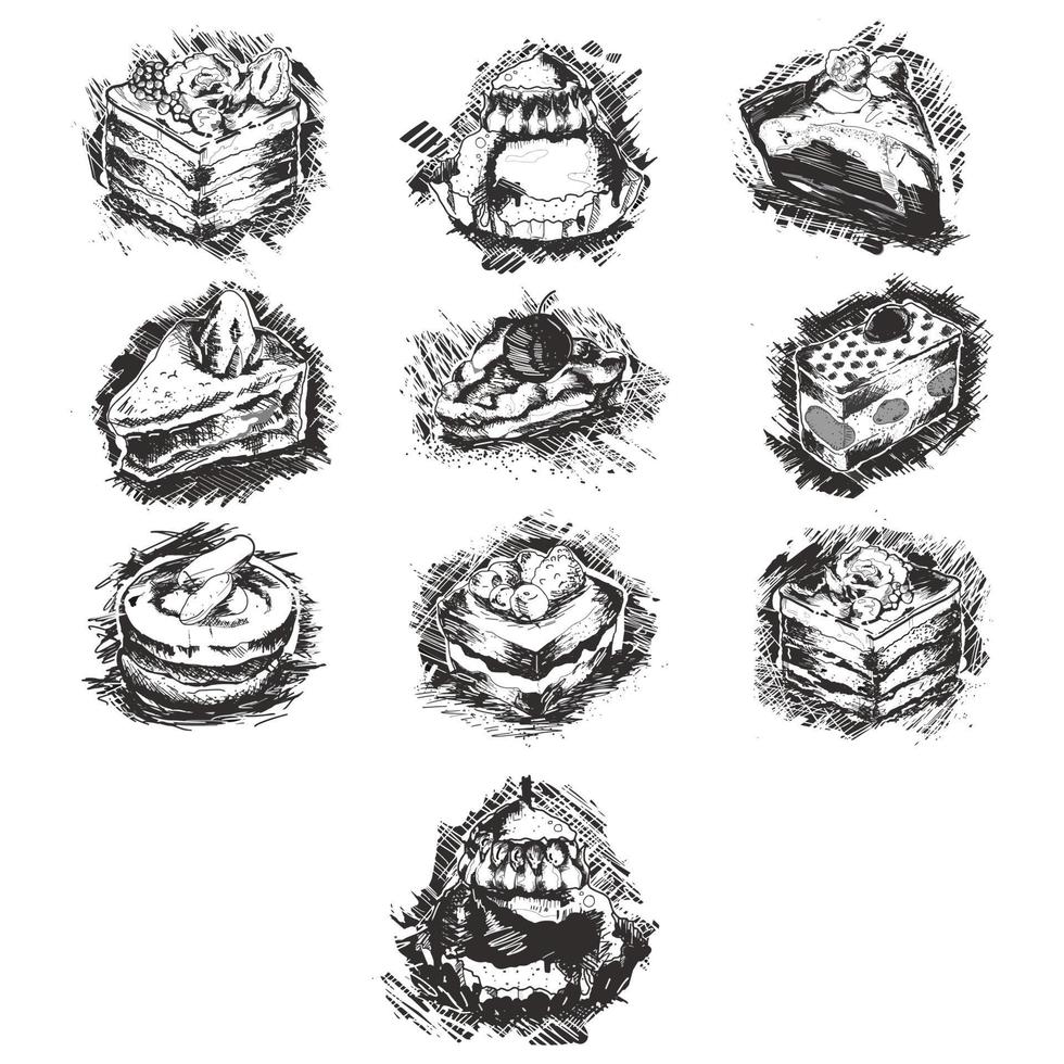 ilustración vectorial dibujada a mano - con croissant dulce y de postre, pastelitos, pretzels, donut, tarta de queso, macarrón, baguette, pan, pastel. elementos de diseño en estilo boceto. vector