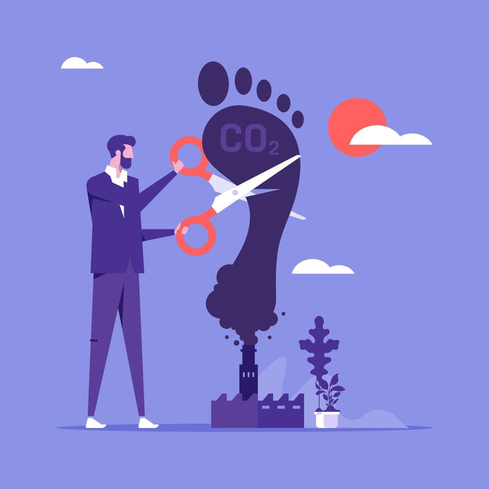 Global warming and environmental recovery plan concept, reduce carbon footprint and pollution produce, businessman cutting CO2 footprint  smoke from factory vector