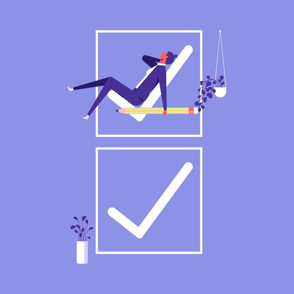 Businesswoman sleep on checkmark after successfully complete business assignments, successful work planning, Successful completion of business tasks concept vector