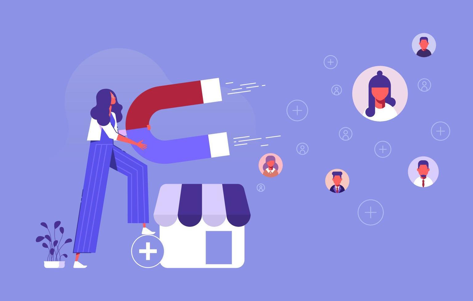 Promotion in social networks and customer acquisition, attracting users and customers, woman with big magnet getting new clients and users for business vector