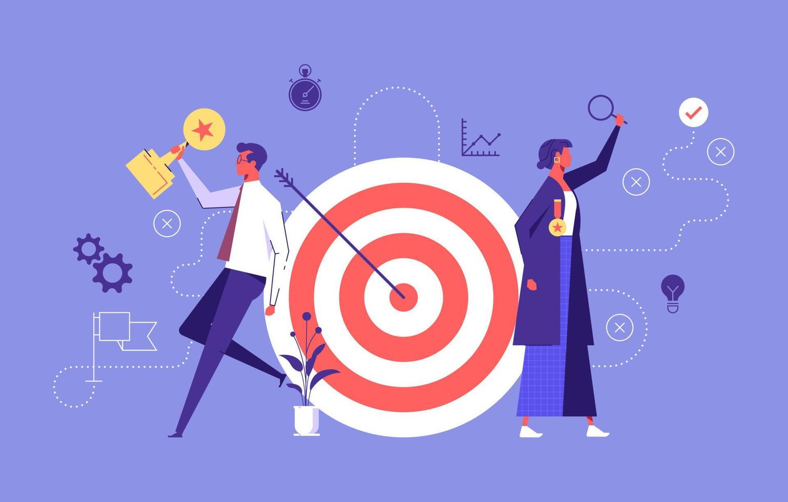 Business team hold big target with arrow in bullseye, teamwork success, target achievement, successful team work. Business vector illustration