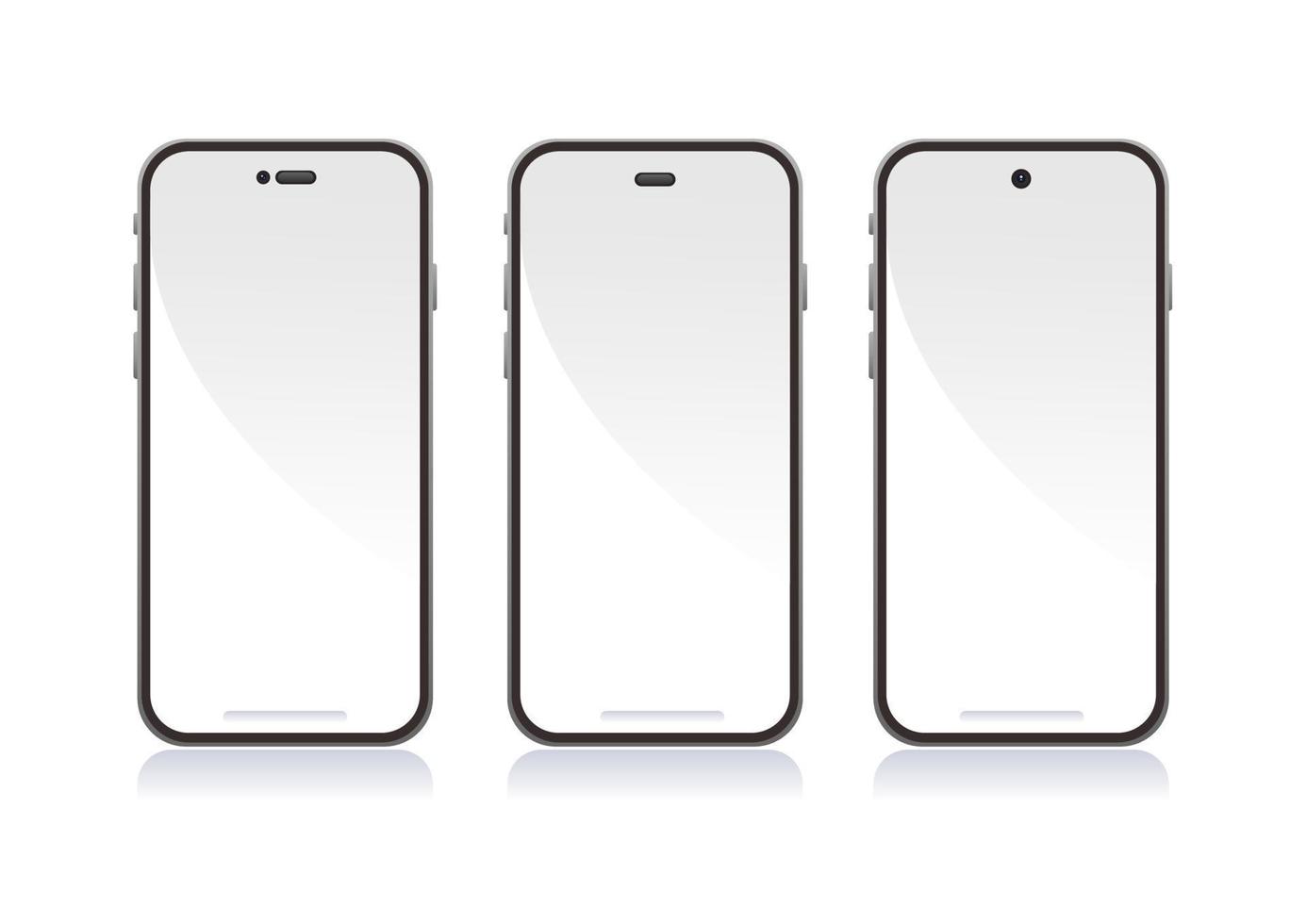 apple iphone concepto smartphone pantalla con 3 variaciones diseño cámara frontal maqueta plantilla ilustración vector
