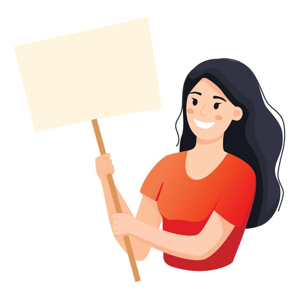 una mujer joven sosteniendo un cartel en blanco con lugar para el texto. ilustración de moda de vector de estilo dibujado a mano.