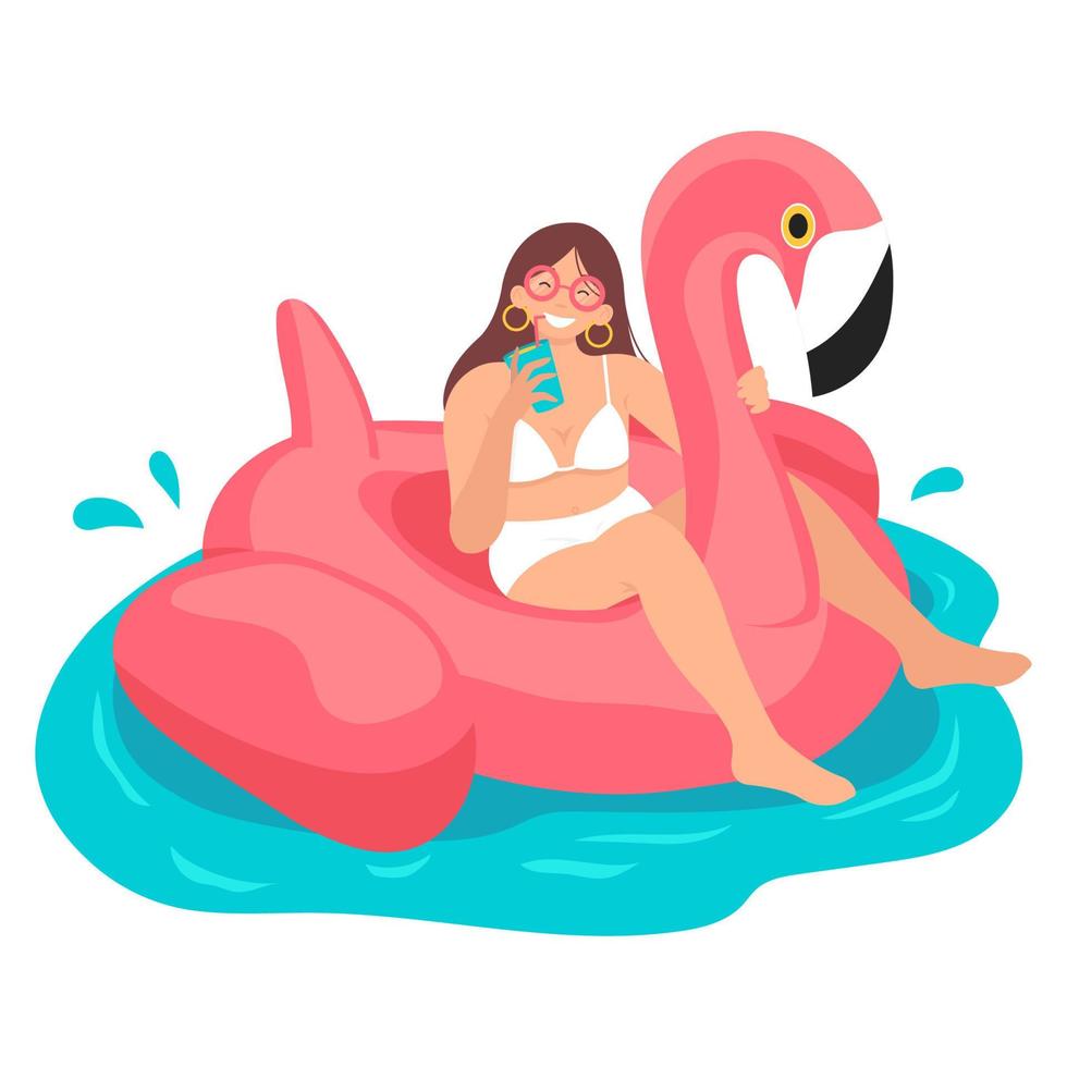 una chica bronceada con gafas de sol se sienta en un flotador inflable flamingo y bebe un cóctel. concepto de vacaciones de verano. ilustración vectorial sobre un fondo blanco. vector