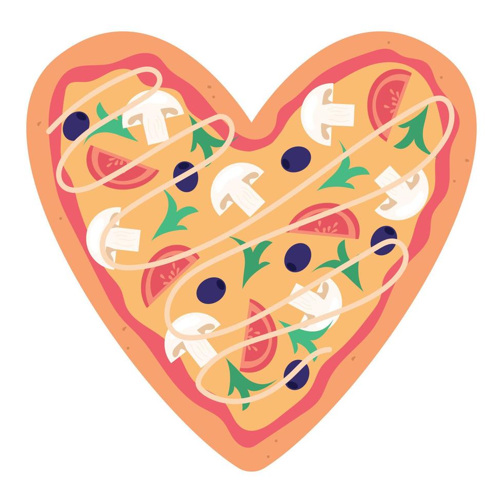 Pizza with tomatoes, mushrooms, olives, salad and sauce in the form of heart. Love concept. Vector illustration isolated on a white background.