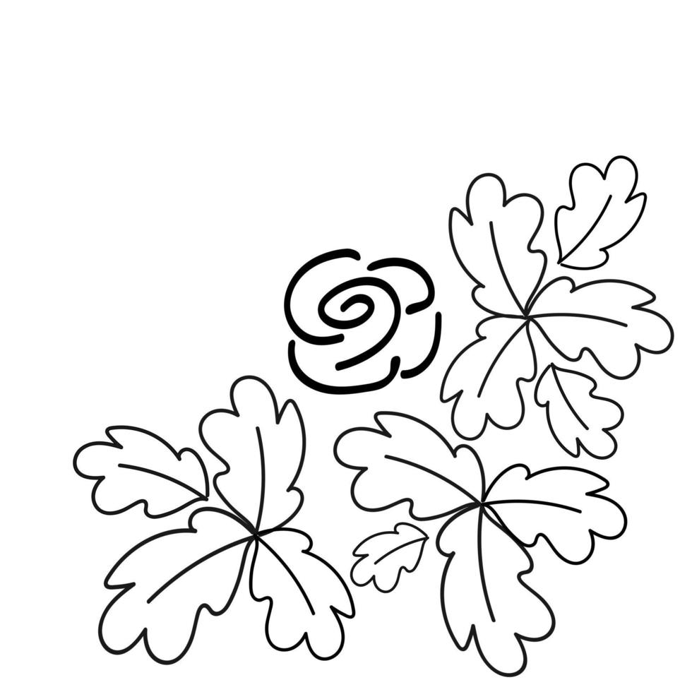 marco de esquina de hojas y flor de rosa. dibujado a mano en negro. vector
