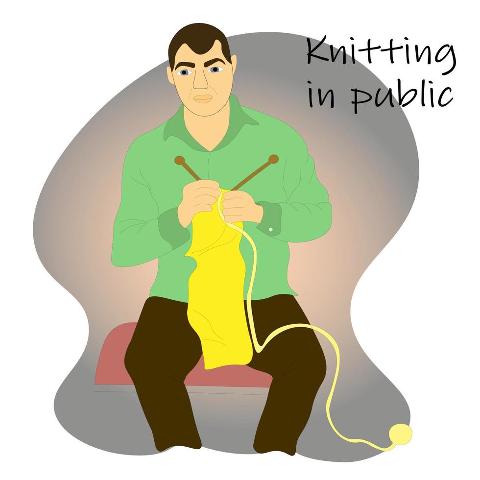 man knits scarf while sitting on bench. Hobby time for knitting needles and threads. World Knitting Day in Public Places. Vector cute flat cartoon illustration. Handmade concept.