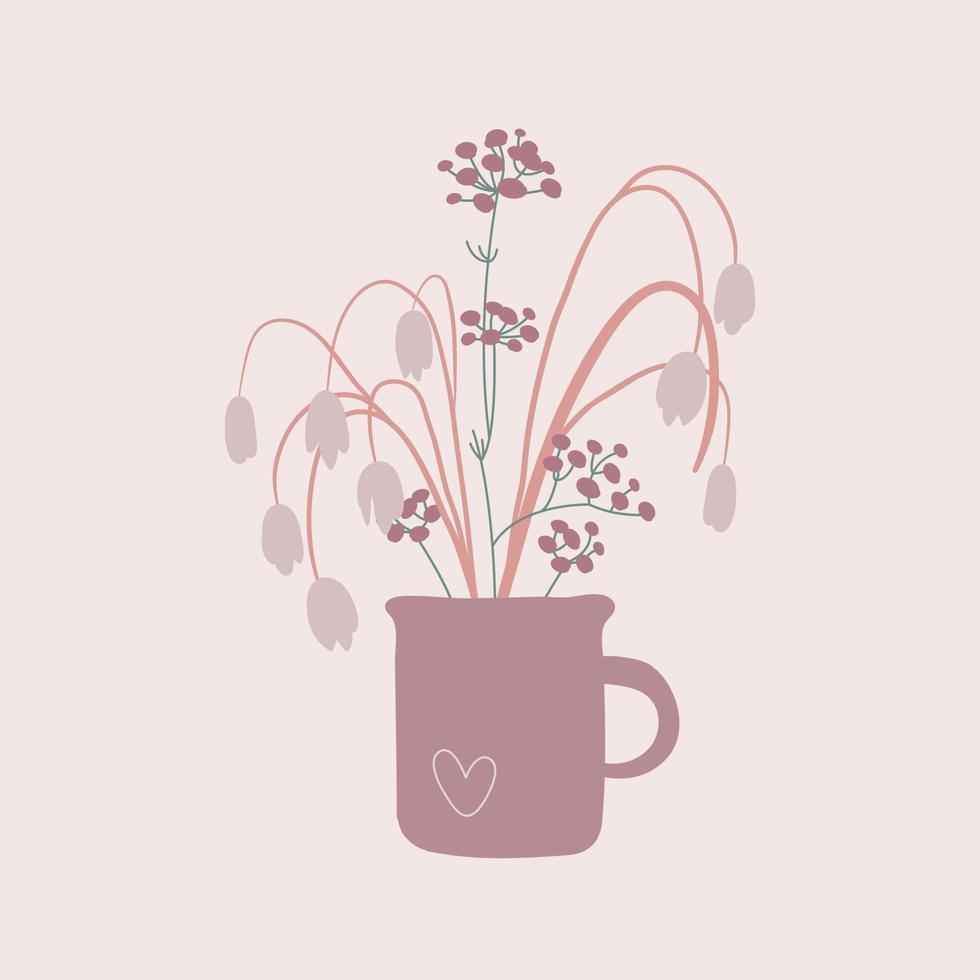 Cup with flowers, vector floral illustration in boho style