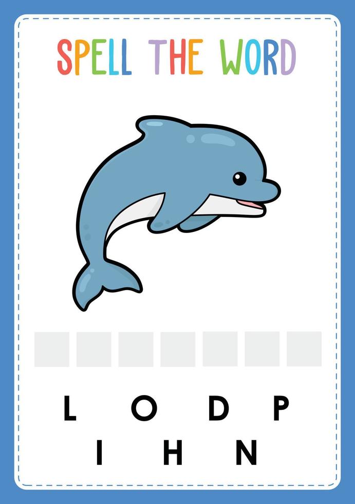 hoja de trabajo de ortografía encuentre el juego de letras faltantes para niños con palabra pez marino vector