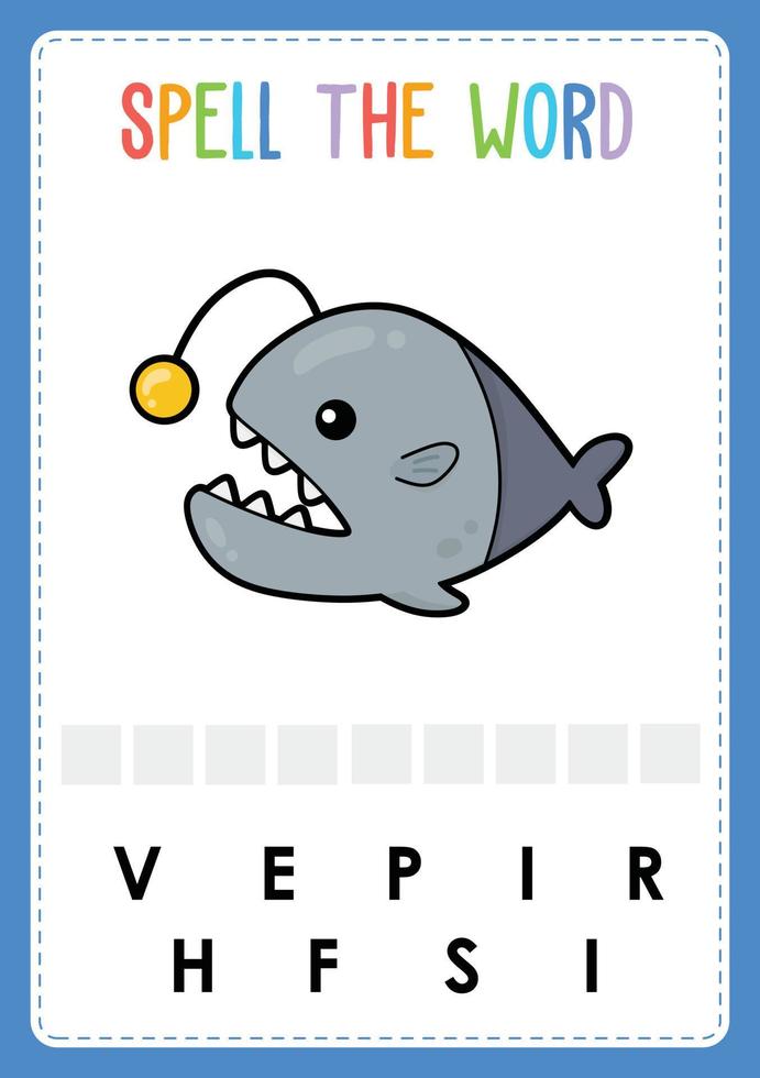 Spelling worksheet find the missing letter game for kids with word sea fish vector