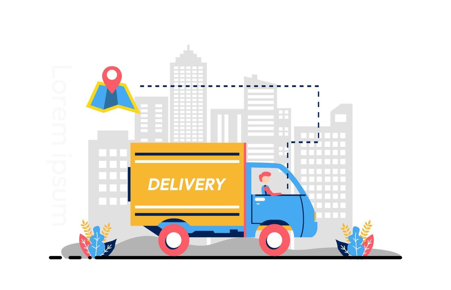 Flat illustration courier truck man with city background vector