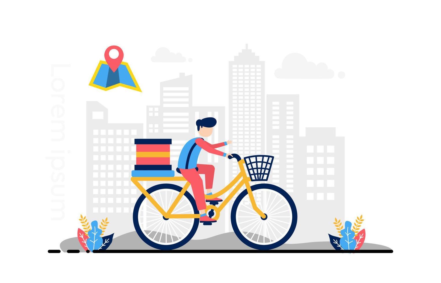 hombre de bicicleta de mensajería de ilustración plana con fondo de ciudad vector