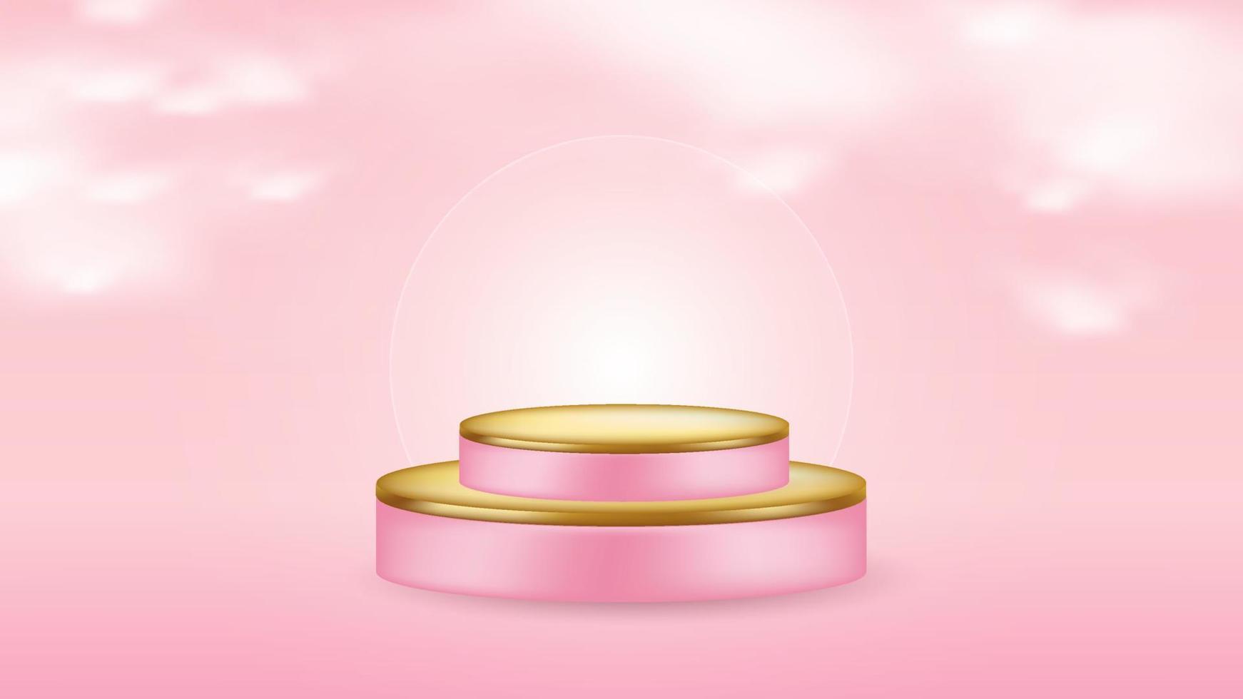 Pink and gold 3d podium with clouds. Product showcase with soft light. Minimal luxury platform for cosmetic vector