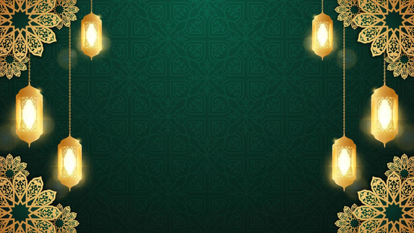 Realistic islamic background with three dimensional arabic ornamental and lantern vector