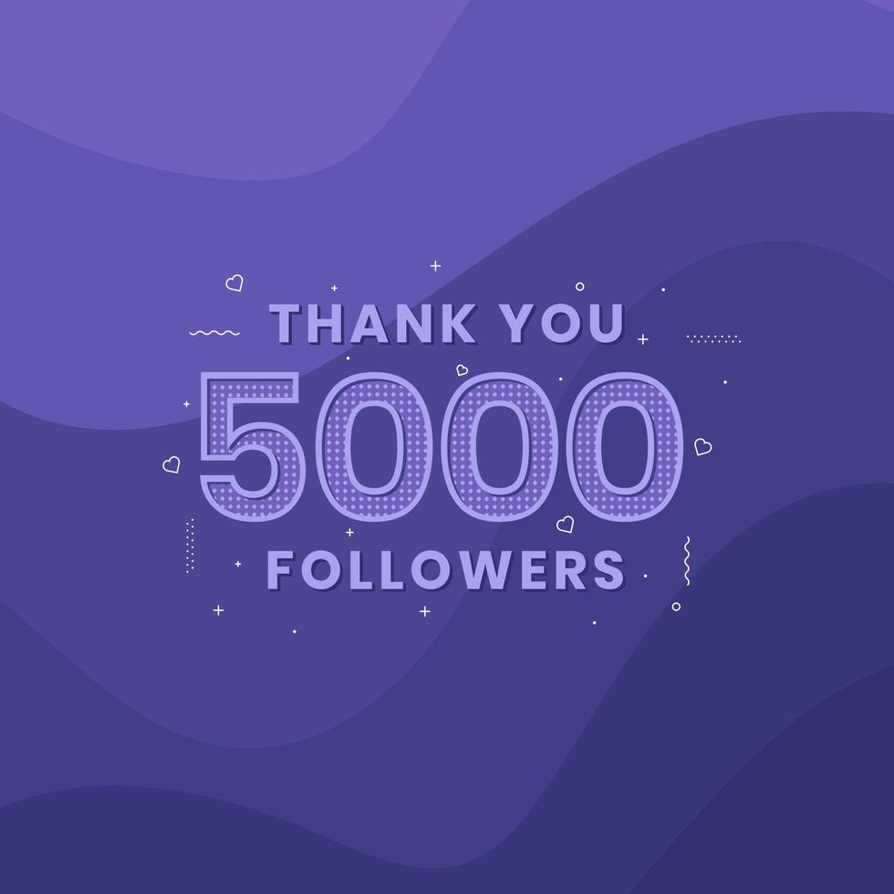 gracias 5000 seguidores, plantilla de tarjeta de felicitación para redes sociales. vector