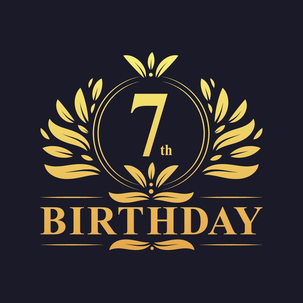 logotipo de lujo del séptimo cumpleaños, celebración de 7 años. vector