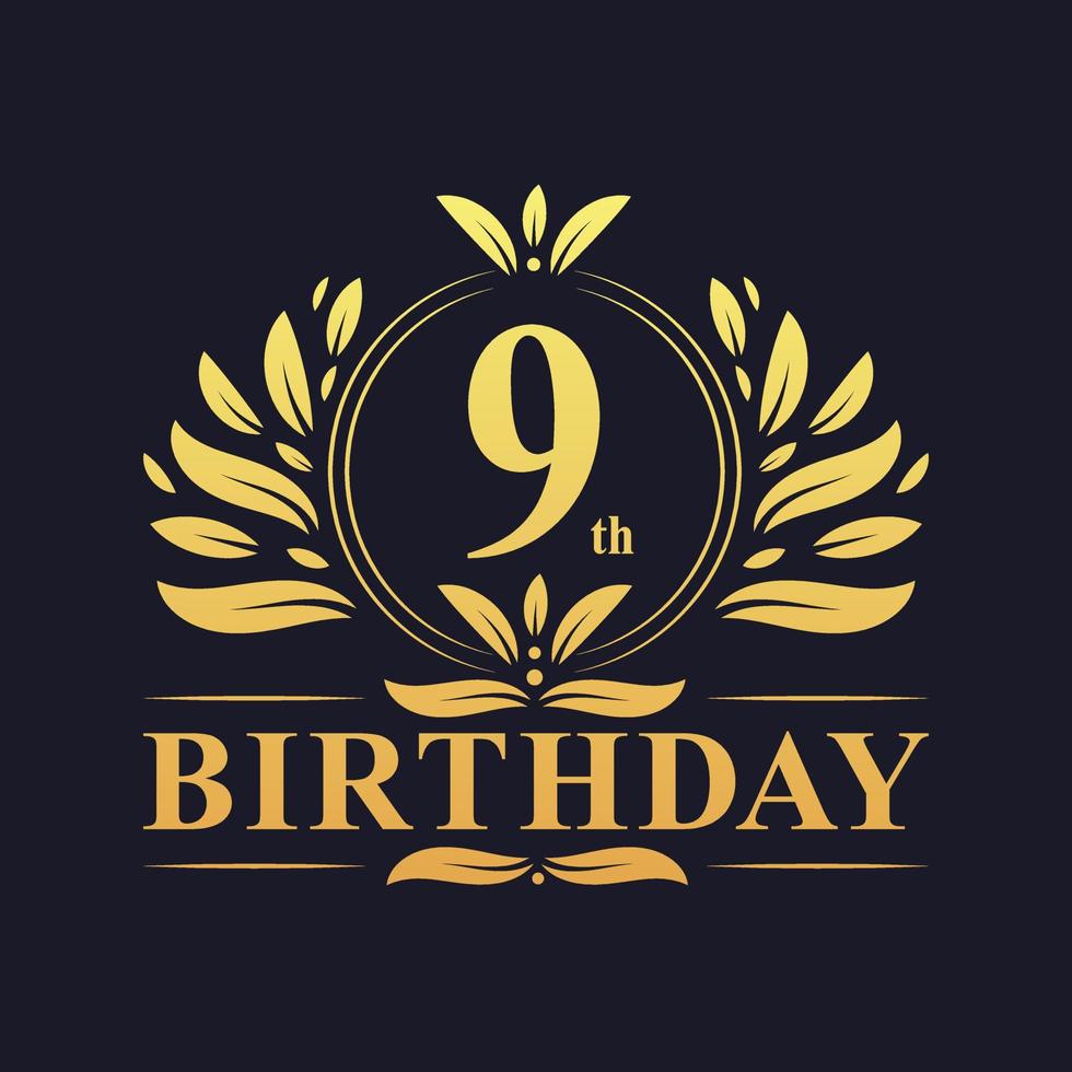 logotipo de lujo del noveno cumpleaños, celebración de 9 años. vector